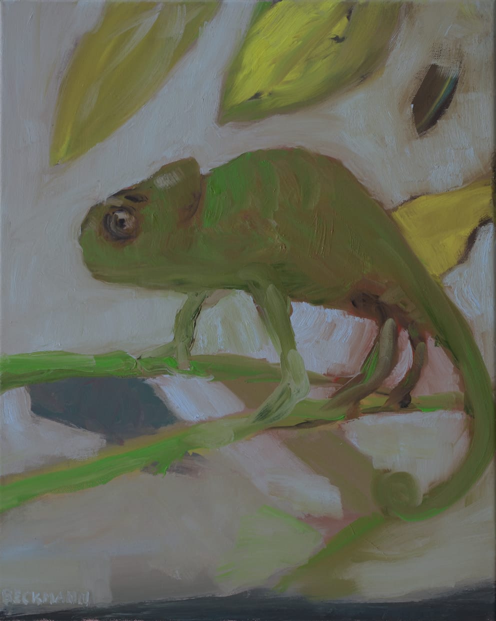 Sabine Beckmann, Chameleon in Lemontree, 50 x 40 cm, oil on linen, 2018